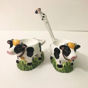 Vintage Cow Ceramic Egg  Cups With 1 Spoon